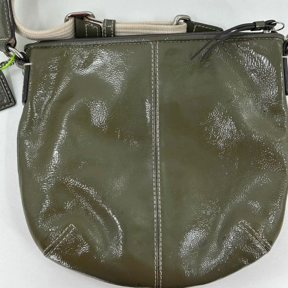Coach Olive Green‎ Patent Leather Crossbody Bag Glossy Purse Wide Canvas Strap
